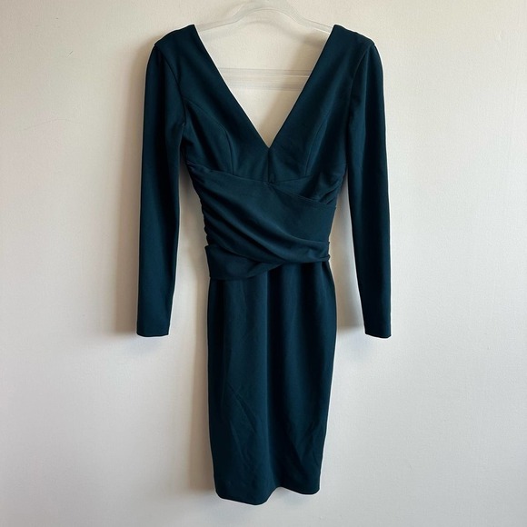 Dress the Population Long Sleeve Stretch Dress V-Neck in Pine Blue Green XXS - Picture 1 of 11